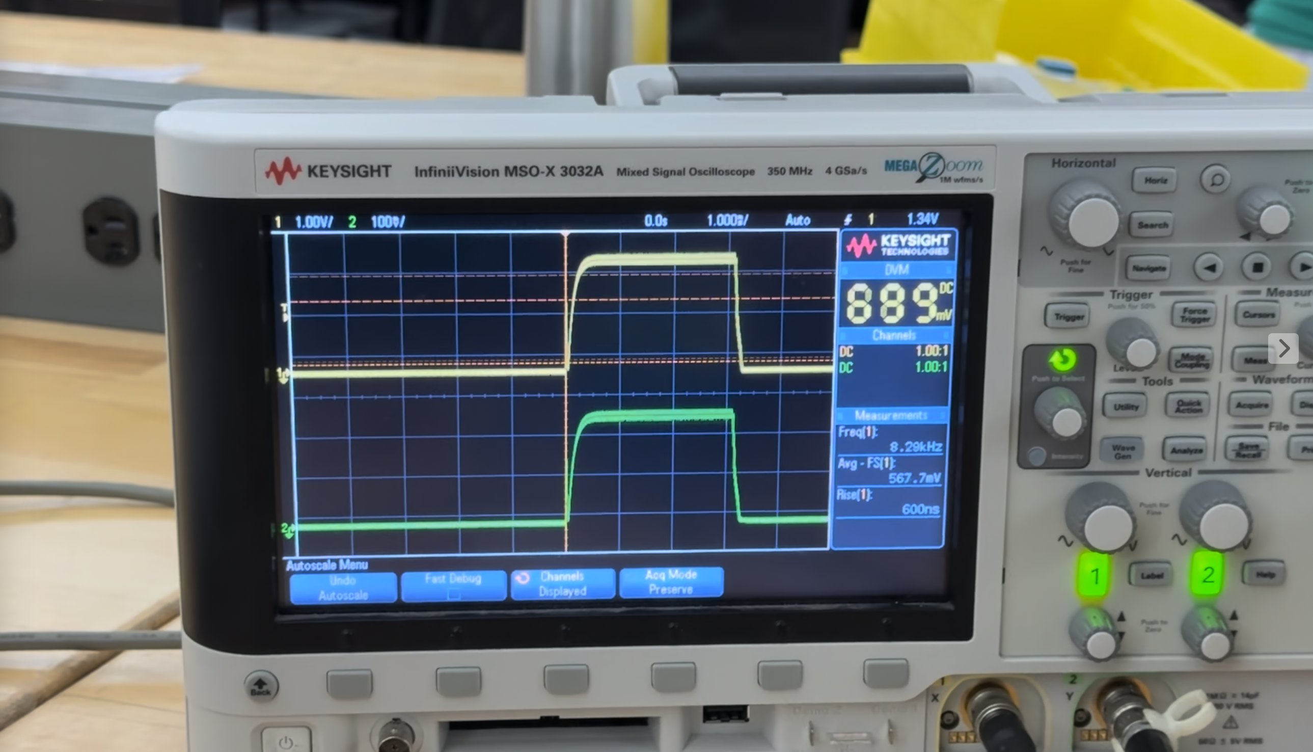 Oscilloscope showing two analog signals